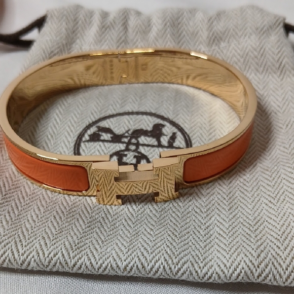 Hermes Jewelry - Hermes Gold-Tone H Bracelet with Orange Enamel